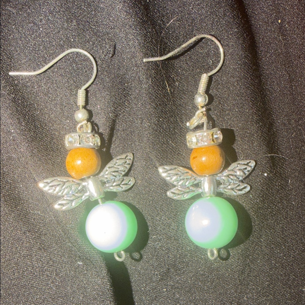 Silver and Green Angel Wing Earrings with a touch of brown